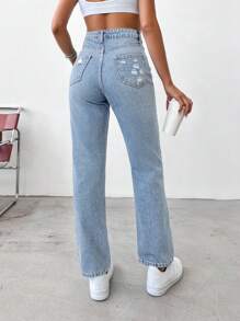 EURMUSE Women Casual Washed Ripped Straight Leg Jeans - Blue - View 2