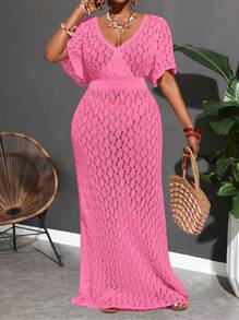 Slaydiva 2025 New Fashion Crochet Ruffle Hem Collared Casual Beach Solid Dress, Versatile Daily Wear For Spring/Summer - Hot Pink - View 3