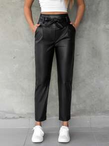 EURMUSE Belted Leather Look Tapered Pants - Black - View 1