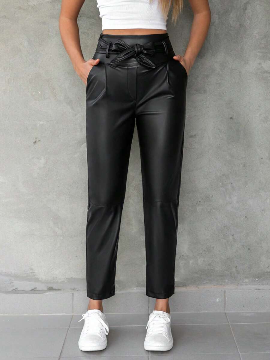 EURMUSE Belted Leather Look Tapered Pants - Black - View 1