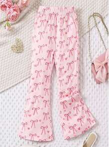 SHEIN Tween Girl' Pink Butterfly Print Flare Pants, Knitted, Comfortable, Casual, Elegant, Lovely, For Spring/Summer/Autumn Young Girl Pants Young Girls Leggings
