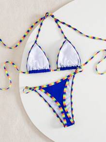 SHEIN Swim 2025 年夏季新款女士休闲度假纯色亮色性感比基尼套装 - 藍色 - 查看 3