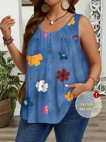 EMERY ROSE Plus Size Women Summer Boho Denim Effect And Floral Print Blue Loose Fit Gathered Ruched Wide Strap Casual Round Neck Tank Top,Vacation Woman,Summer For Women,Tank Tops Women Suitable For Going Out