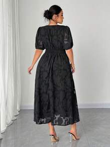 Elenzga Plus Size Women's V-Neck Puff Sleeve Textured A-Line Dress, Summer - Black - View 3