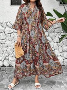 SHEIN LUNE 女士加大码佩斯利印花深切领连衣裙新年女士服装 - 紅色 - 查看 4