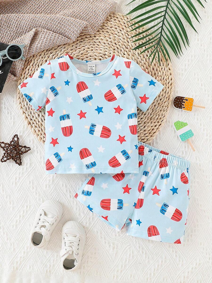 Baby Boys Can Wear Cute, Fun, Simple And Casual Ice Cream Star Print Set In Spring And Summer - Multicolor - View 1