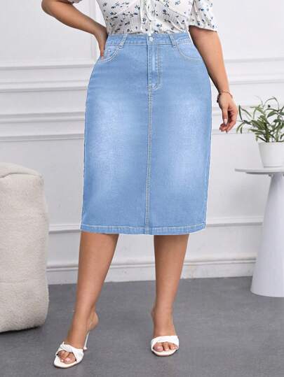 SHEIN Privé Plus Size Denim Elastic Waist Skirt, Minimalist Fashion, Suitable For Autumn