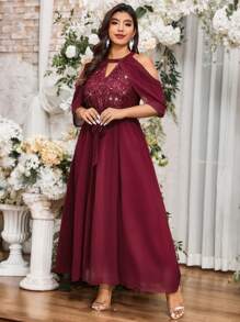 SHEIN Unity 大码优雅派对和婚礼季节船领亮片拼接雪纺高腰 A 字连衣裙