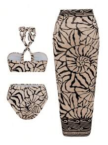 Swim Oasis Set de 3 piezas con Top tipo bandeau con cuello halter, Bottom de tiro alto y corte alto, y falda con cintura de nudo, todos con estampados aleatorios