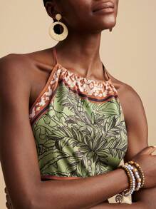 Travachic Women's Woven Green Plant Print Resort Wear, Casual Woman Flowy Sleeveless Halter Neck Backless Crop Top & Patchwork High Waisted Loose Shorts Two Pieces Set, Graphic Print Summer Outfits For Women, Vacation Outfits Woman, Boho Chic, Beach Outfits For Woman, Tropical Outfits Women, Summer Sets