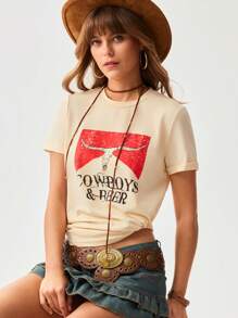 SHEIN LUNE 字母图案 T 恤 - 杏色 - 查看 1