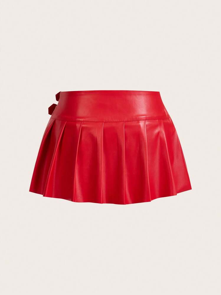SHEIN ICON 허리선이 낮은 더블 벨트 플리츠 슬릿 스커트, 여름에 어울리는 미니멀리스트 패션 - 레드 - 보기 2
