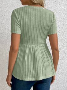 SHEIN 孕妇圆领短袖荷叶边下摆罗纹休闲 T 恤 - 綠色 - 查看 2