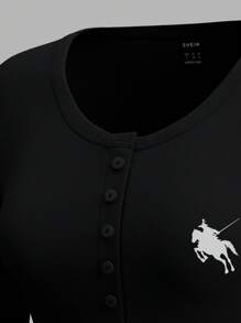 SHEIN EZwear Two-Piece Set Horse Pattern Knitted Long Sleeve T-Shirt, Suitable For Spring And Summer Autumn And Winter