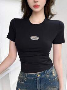 DAZY 女士金属字母徽章圆领短袖T恤、短款上衣