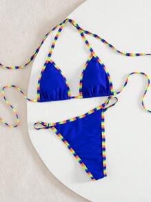 SHEIN Swim 2025 年夏季新款女士休闲度假纯色亮色性感比基尼套装 - 藍色 - 查看 4