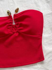 Soleia Women's Wine Red Jacquard Textured Fabric Bandeau Cropped Top With Asymmetrical U-Shaped Buckle Ruched Design, Fitted Silhouette, Suitable For Party, Valentine's Day, Date, Afternoon Tea, Urban Street & Holiday