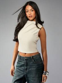 MISSGUIDED Sleeveless High Neck Crop Top With Ruffle Detail Elegant Evening Office Workwear Tank Summer Spring Fashion Essential Wedding Guest Party Top - Apricot - View 1