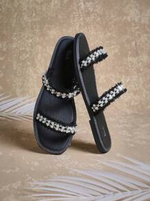 SHUZIA Women's Cross Toe Bands Pearl Decor Flat Sandals Mother's Day Present - Black - View 1