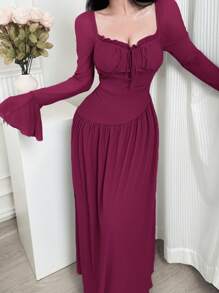 Modelyn Vestido feminino cor sólida bordô decote coração manga flare, elegante - Violeta vermelha - Ver 6