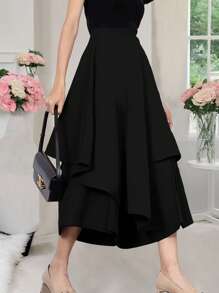 SHEIN Unity 休闲度假风中长款不对称下摆阔腿七分裤 - 黑色 - 查看 4