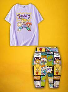 Nick 90s | SHEIN 2pcs/Set Plus Size Summer Casual Cute Cartoon Print Short Sleeve Purple T-Shirt And Black Leggings Women Plus Clothing Two Pieces Summer Spring Music Festival