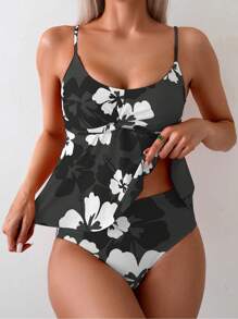 Swim Lushoire Women Floral Print Casual Spaghetti Strap Bralette Tankini Swimwear Set - Random Print