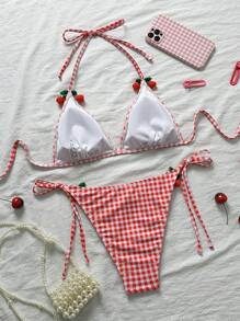 SHEIN 2pcs/Set 2025 New Women Plaid Print Triangle Tie Front Bikini Set Tankini Bottoms, Cute Summer Beach Holiday Girl Bikini Swimwear