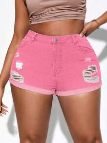 Slaydiva Plus Size Summer Casual Distressed Denim Shorts - Pink - View 7