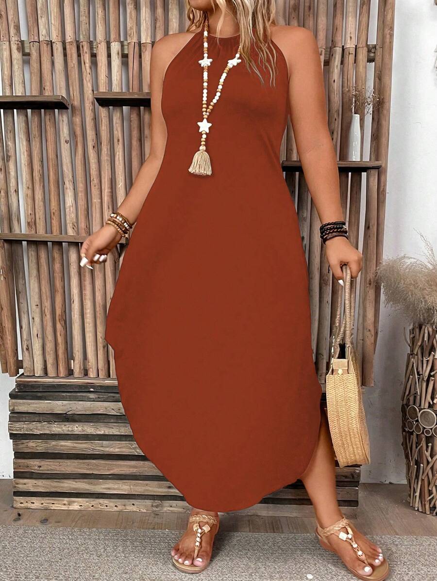 EMERY ROSE Plus Size Women's Solid Color Simple Daily Open Shoulder Dress Maxi Women Outfit - Redwood - View 1
