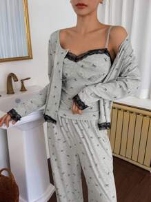DAZY 3pcs/Set Spring Bow Allover Print Color Block Lace Patchwork Camisole Top & Pants Pajama Sleepwear Set - Grey - View 5