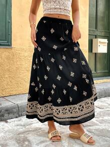 Breezaya Women's Boho Ruffled Hem Black Retro Print Loose Long Skirt - Black - View 4