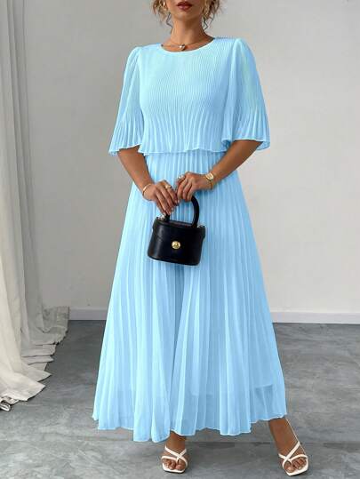 Elenzga Plus Size Elegant damliknande enfärgad plisserad chiffongklänning, vår/sommar