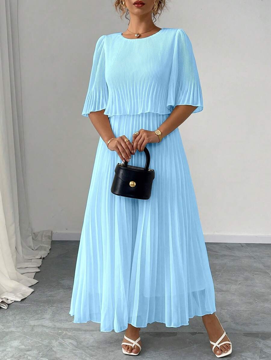 Elenzga 大码优雅淑女纯色褶皱雪纺连衣裙，春夏