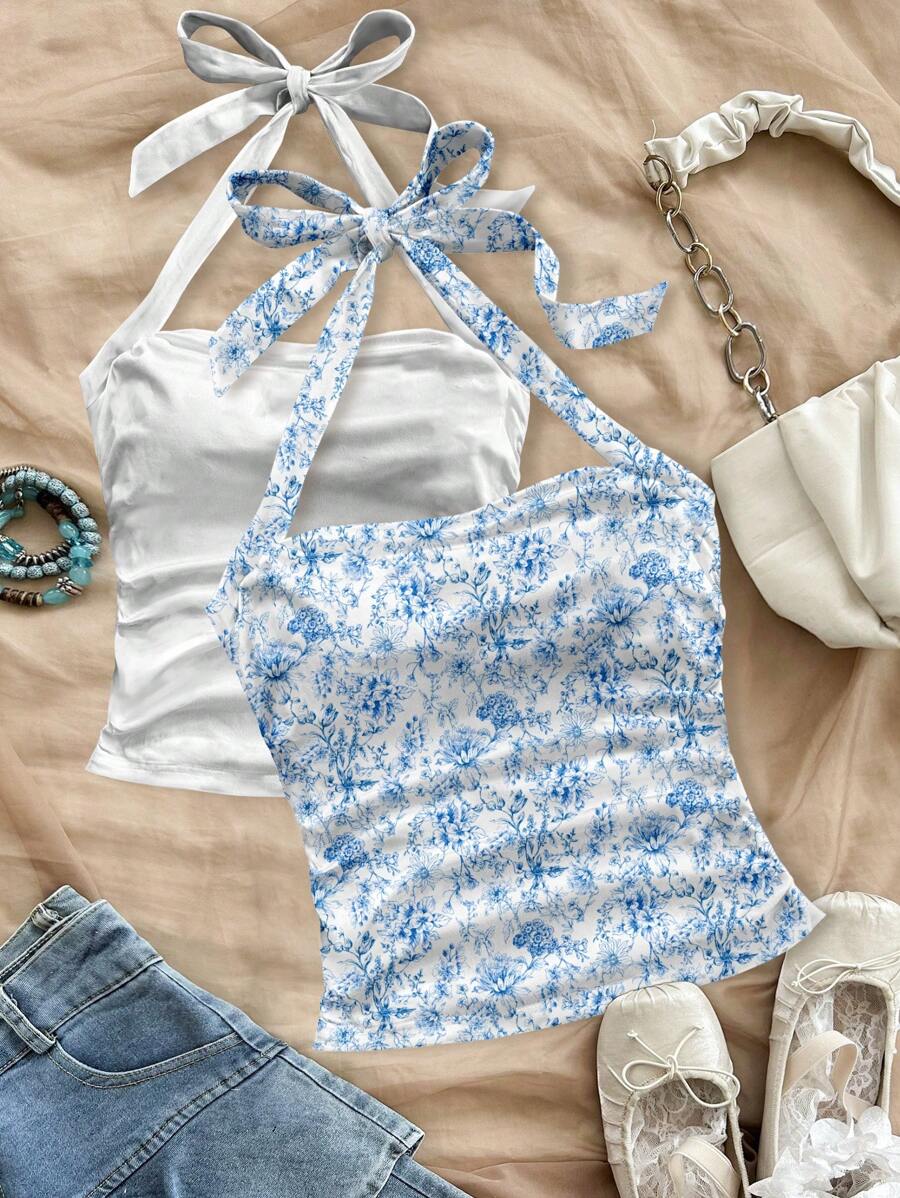 Soleia 2 pezzi Top di canottiera con stampa floreale ditsy blu su scollo a oliva e schiena scoperta, con pieghe, adatto per donna, ideale per vacanze al mare
