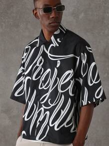 SUMWON Oversized Designer Shirt All Over Print Calligraphy Script Pattern Street Style Festival Party Club Short Sleeve Button Up Casual Contemporary Unique Fashion Statement - Black - View 5