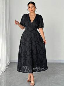 Elenzga Plus Size Women's V-Neck Puff Sleeve Textured A-Line Dress, Summer - Black - View 2