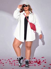 SHEIN CURVE+ 2pcs/Set Plus Size Women Casual Loose Pink Long Sleeve Button-Up Shirt And Black Jumpsuit, Suitable For Valentine's Day, Airport Outfit, Clothing Set, Back To School, Y2K