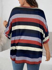 SHEIN LUNE 大码女式条纹圆领落肩休闲宽松 T 恤