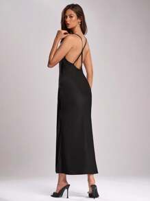 SHEIN BAE Women's Solid Color Spaghetti Strap Dress, Simple And Fashionable, Suitable For Summer - Black - View 2