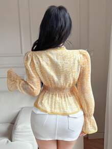 DAZY Ditsy Floral Smock Long Sleeve Vacation Casual Top, Women Summer Blouse,Ruffle