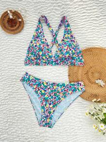 2pcs/Set Ditsy Floral Halter Backless Cross Strap Women Summer Beach Swimwear Outfit - Multicolor - View 3