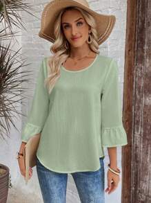EMERY ROSE Women's Solid Color Textured Bell Sleeve Casual Vacation Shirt - Green - View 5
