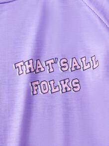 SHEIN Tween Girl Spring/Summer T-Shirt, Short Sleeve Loose Tee, Lavender Color, Cute Style, Casual & Comfortable, Minimalist Design, Funny Digital Printing "That's All Folks" On Front, Rabbit Graphic With Pockets And Expression On Back, Matching Family/Sister Wear