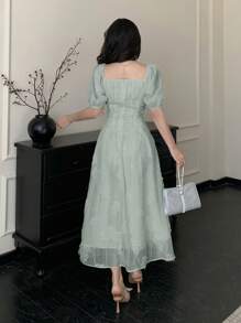 DAZY 女士纹理印花中长款派对连衣裙，春夏舞会礼服/吊带裙/优雅女装 - 綠色 - 查看 3