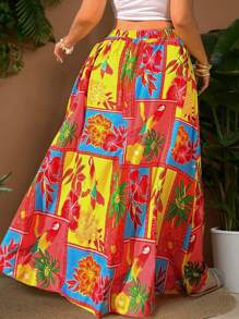 Sunnyshic Plus Size Holiday Plants & Floral Pattern Casual Skirt, Fashionable Daily Wear