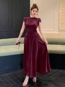 DAZY Váy dự tiệc dài vừa phải thanh lịch dành cho nữ, Đầm suông thanh lịch mùa xuân/hè - Màu đỏ tím - Xem 2
