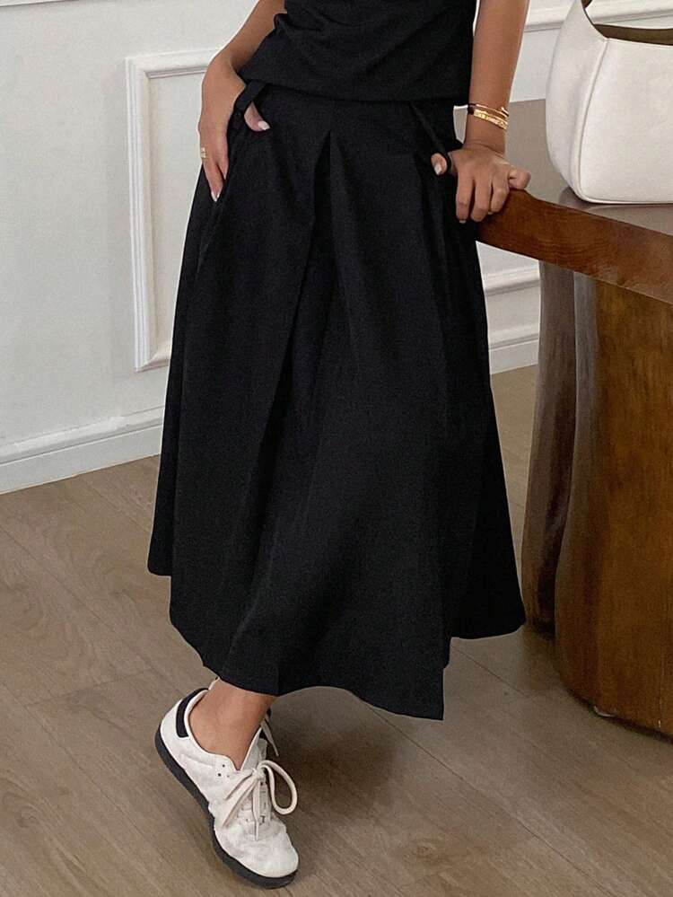 Solid Color Mid-Length Pleated Skirt, Women's Casual Skirt, Spring/Summer