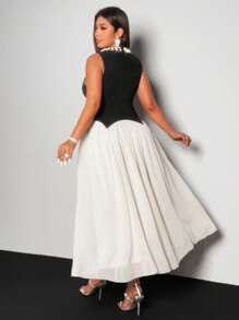 Viva Relle Vestido de gasa de color negro y blanco con aplicaciones de perlas para tallas grandes - Blanco y Negro - Ver 2