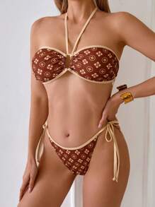 SHEIN Swim 2pcs/Set Minimalist Print Wireless Crop Top And Self-Tie Triangle Bottoms Swimwear For Summer Beach Vacation - Multicolor - View 4